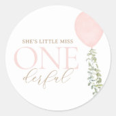 Sticker Rond Petite Miss Onederful Balloon rose Anniversaire (Devant)