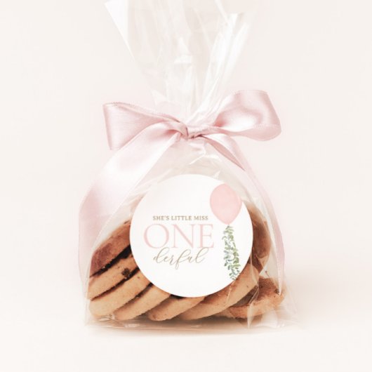 Sticker Rond Petite Miss Onederful Balloon rose Anniversaire
