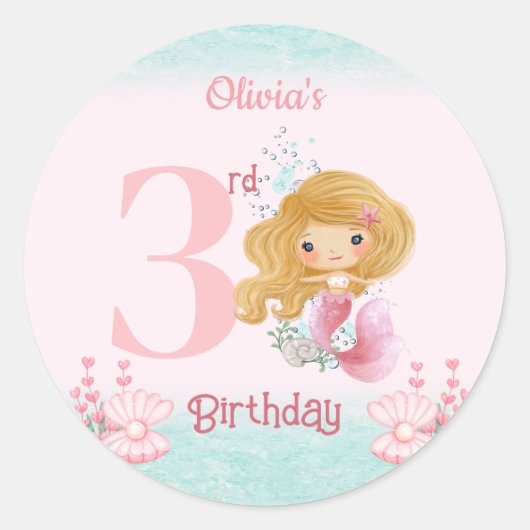 Sticker Rond Petite sirène blonde rose fille anniversaire (Devant)
