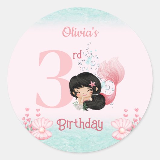 Sticker Rond Petite Sirène cheveux foncé rose Anniversaire (Devant)