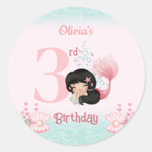 Sticker Rond Petite Sirène cheveux foncé rose Anniversaire