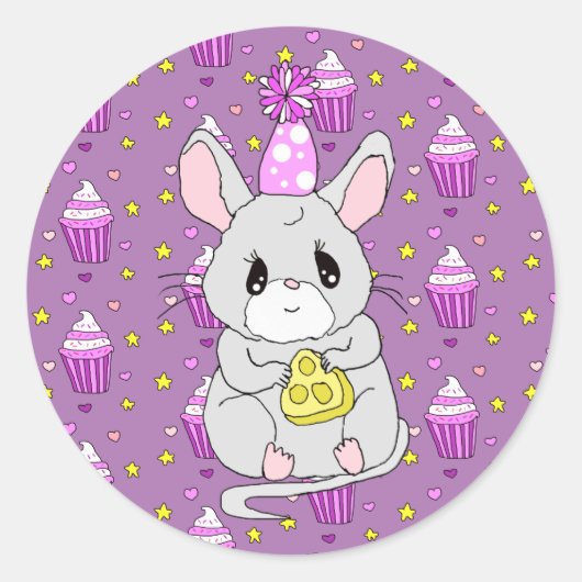 Sticker Rond Petite souris d'anniversaire mignonne pourpre (Devant)
