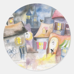 Sticker Rond Petite ville la nuit