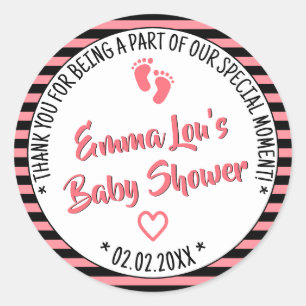 Sticker Rond Petits pieds Motif rayé Baby shower fille rose