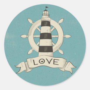 Sticker Rond Phare et ancre de bateau sarcelle vintage nautique