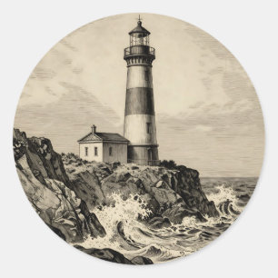 Sticker Rond Phare rayé vintage côte orageuse