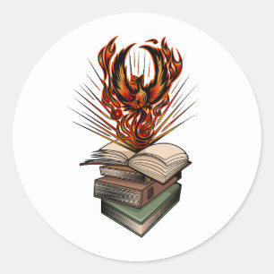 Sticker Rond Phénix s'élevant au-dessus des flammes des livres