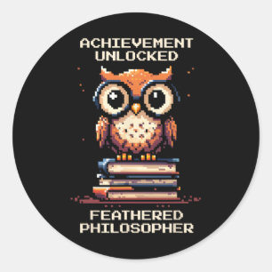 Sticker Rond Philosophe à Plumes Hibou Débloqué Joueur Rétro