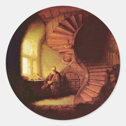 Sticker Rond Philosophe En Méditation. Par Rembrandt Van Rijn (Devant)