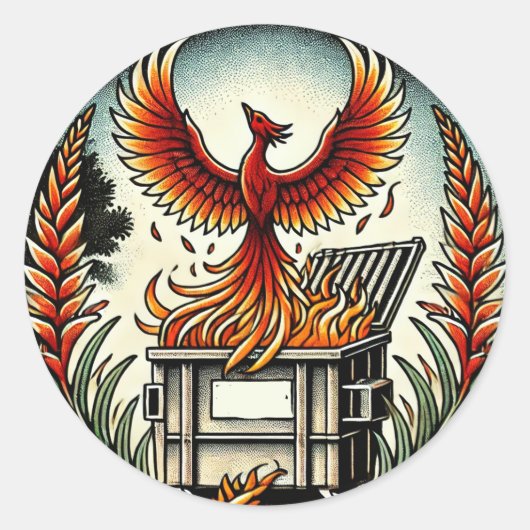 Sticker Rond Phoenix Rising from the Dumpster Fire Ashes        (Devant)