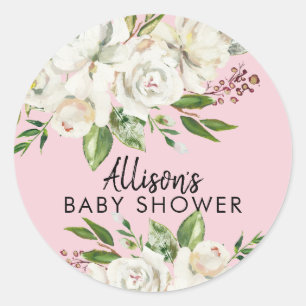 Sticker Rond Phoque Baby shower à enveloppe de Rose blanche Fil