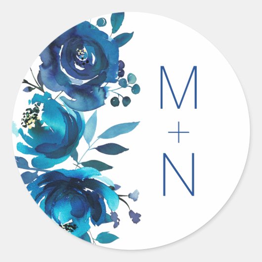 Sticker Rond Phoque de l'enveloppe mariage Indigo Blue Floral (Devant)