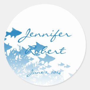 Sticker Rond Phoque d'enveloppe de poisson et de corail bleu