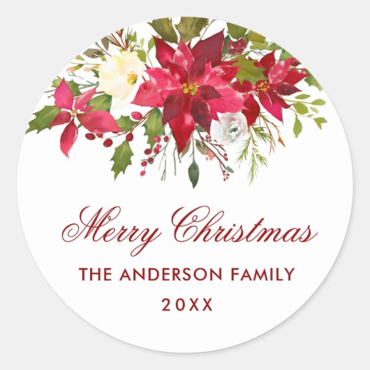 Sticker Rond Phoque d'enveloppe rouge de Noël fleuri Poinsettia (Devant)