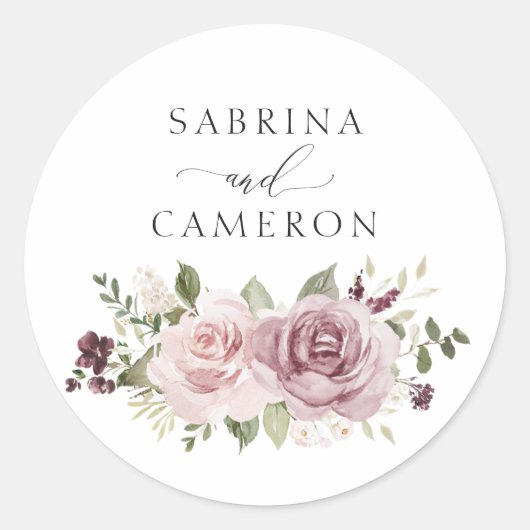 Sticker Rond Phoque Floral Mauve Blush Élégant Enveloppe Mariag (Devant)