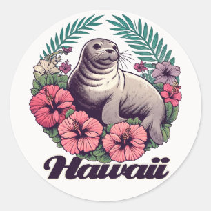 Sticker Rond Phoque hawaïen Hawaii Retro Monk Seal Hawaï