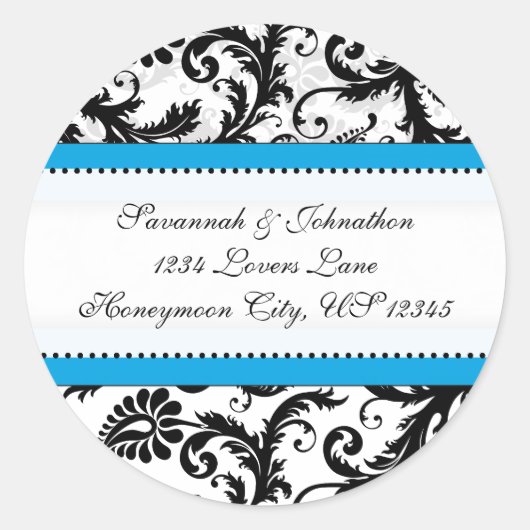 Sticker Rond Phoque Mariage Damask noir Aquamarine Trim (Devant)