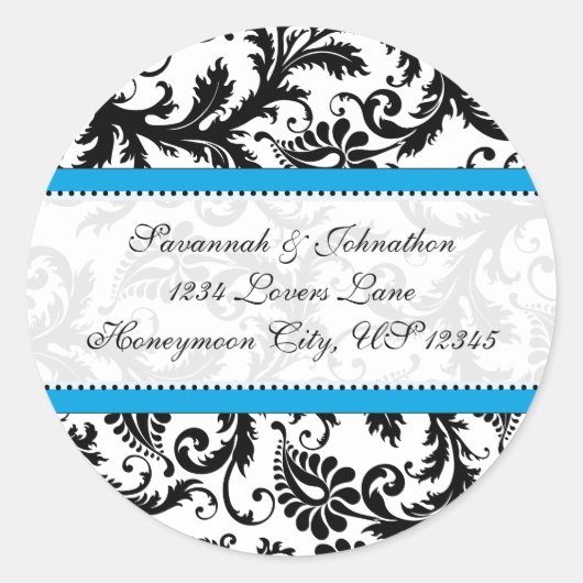 Sticker Rond Phoque Mariage Damask noir Aquamarine Trim (Devant)