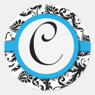 Sticker Rond Phoque Mariage Damask noir Aquamarine Trim