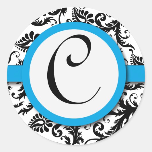 Sticker Rond Phoque Mariage Damask noir Aquamarine Trim (Devant)