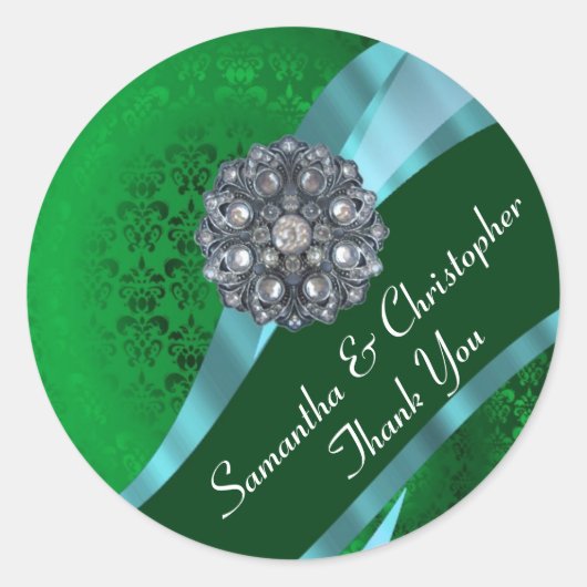 Sticker Rond Phoque mariage damassé vert et rose (Devant)