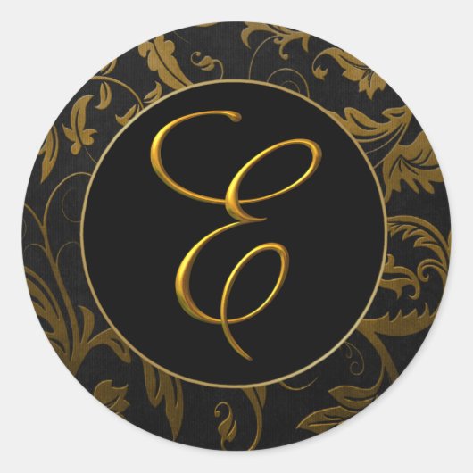 Sticker Rond Phoque Monogram E Gold et Black Mariage damassé (Devant)