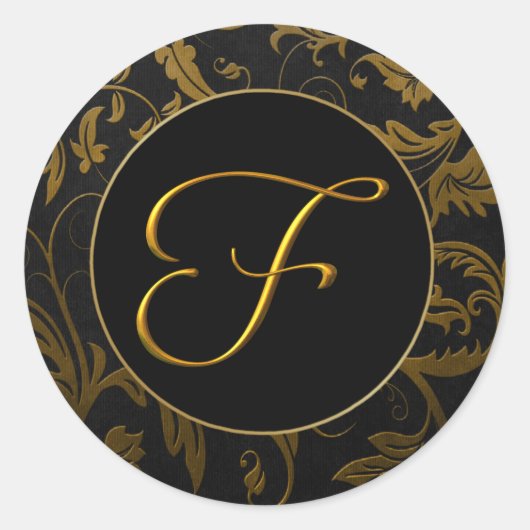 Sticker Rond Phoque Monogram F Gold et Black Mariage damassé (Devant)