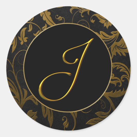 Sticker Rond Phoque Monogram J Gold et Black Mariage damassé (Devant)