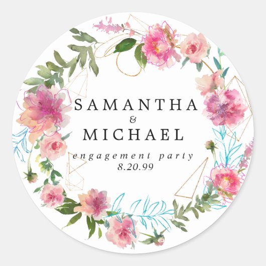 Sticker Rond Phoque rose floral & Gold Engagement Party (Devant)