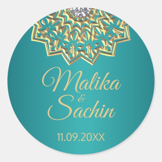 Sticker Rond Phoques de Mariage indien Mandala Flower Turquoise (Devant)