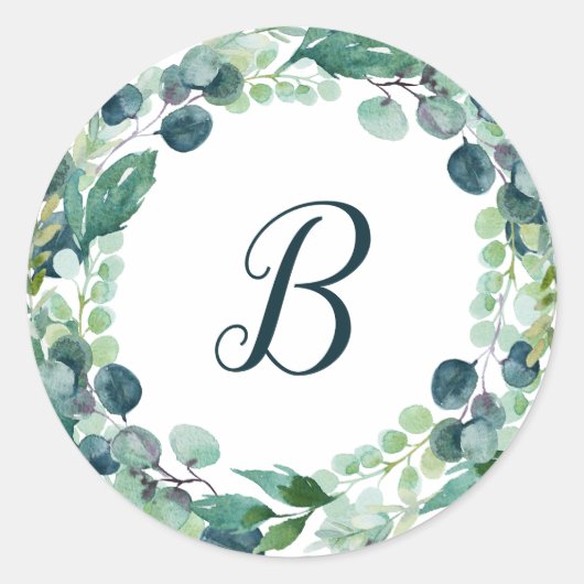 Sticker Rond Phoques d'enveloppe de monogramme à couronne verte (Devant)