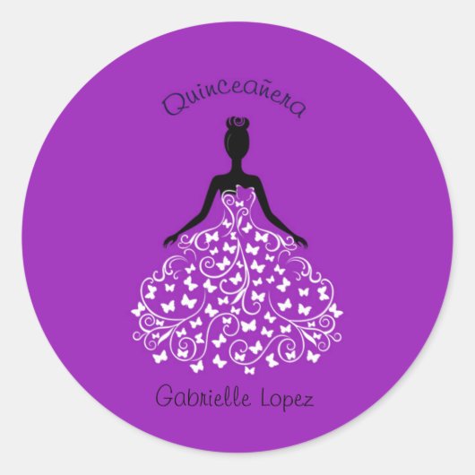 Sticker Rond Phoques Enveloppe Papillon Quinceanera violet (Devant)