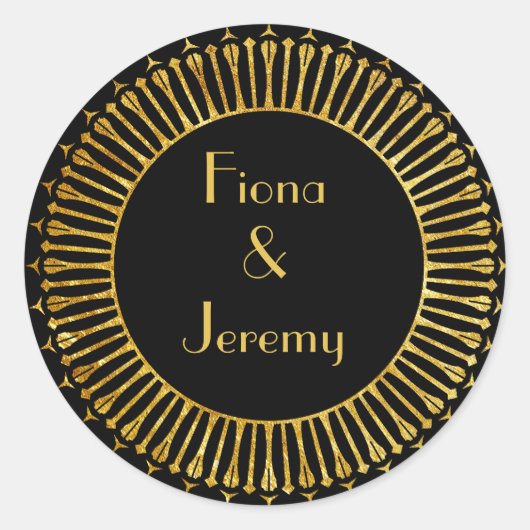 Sticker Rond Phoques Mariages personnalisées Art Déco Noir & Or (Devant)