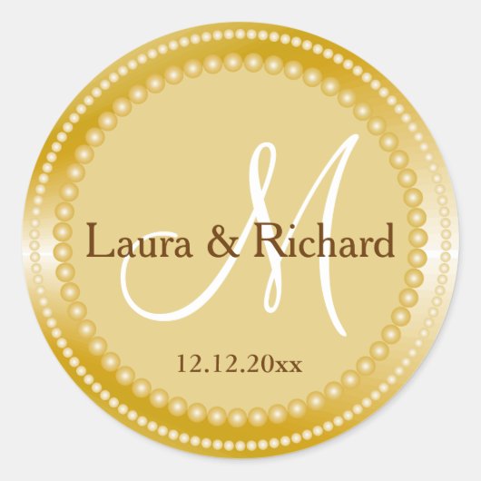 Sticker Rond Phoques Monogrammes Mariage Or Personnalisés (Devant)