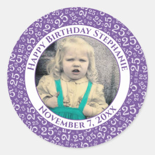 Sticker Rond Photo 25ème motif numérique aléatoire violet/blanc
