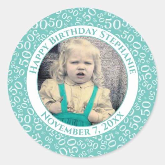 Sticker Rond Photo 50th Party nombre aléatoire Motif Turquoise (Devant)