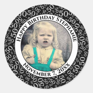 Sticker Rond Photo 50th Party Random Number Motif Black