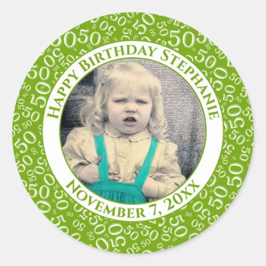 Sticker Rond Photo 50th Party Random Number Motif Green (Devant)
