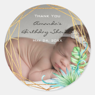 Sticker Rond Photo Anniversaire BébéTropical Or Mariage Merci