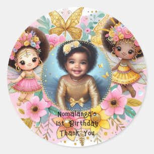 Sticker Rond Photo Anniversaire Little Black Fairy African Pink