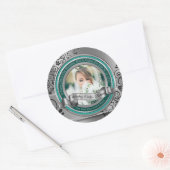 Sticker Rond Photo Argent Flourish Élégante Bannière Turquoise (Enveloppe)