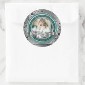 Sticker Rond Photo Argent Flourish Élégante Bannière Turquoise (Sac)