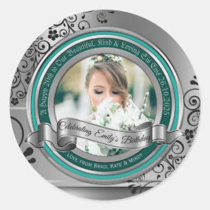 Sticker Rond Photo Argent Flourish Élégante Bannière Turquoise