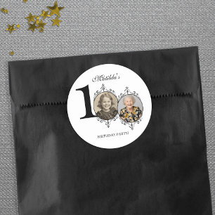 Sticker Rond Photo Black White Elegant 100th Birthday Party