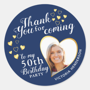 Sticker Rond Photo Bleu Blanc et Or pour 50e Anniversaire