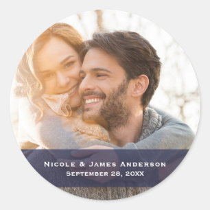 Sticker Rond Photo Bleu Personnalisé Mariage moderne Favoriser