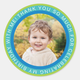 Sticker Rond Photo Blue Green Enfants Merci d'anniversaire