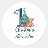 Sticker Rond Photo Blue Teddy Baby 1st Christmas (Devant)
