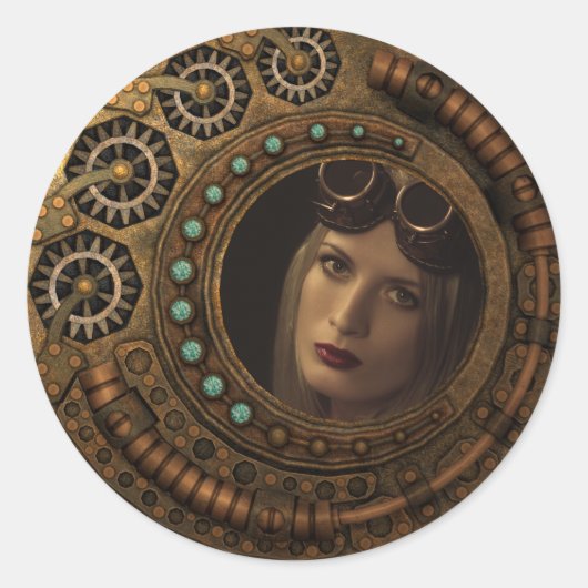 Sticker Rond Photo Custom Steampunk Clock Time Metal Gears (Devant)