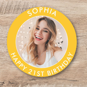 Sticker Rond Photo d'anniversaire 21 ans moderne jaune lumineux